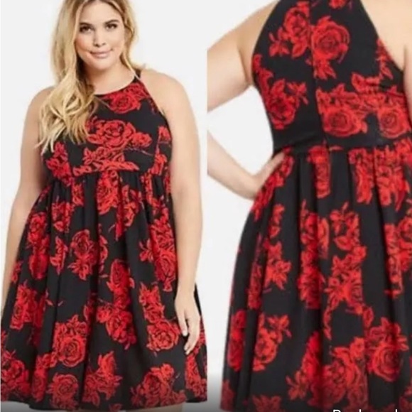 torrid Dresses & Skirts - Torrid Mini Challis Halter Neck Skater Red Roses Floral Black Dress Size 16